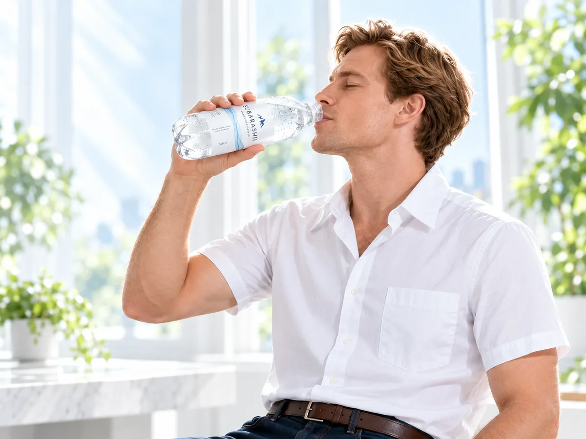 SUBARASHII を気持ちよさそうに飲む男性の横顔